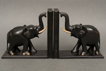 Pair Of Carved Wood Elephant Bookends