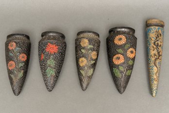Set Of Five Vintage Japanese Black Floral Wall Pocket Vases