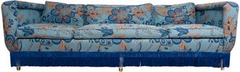 Three Cushion Sofa With Blue Paisley Design And Fringe