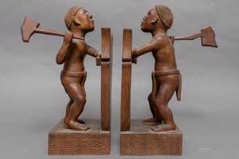 Pair Of Hand Carved Wooden Igorot/Bontoc/Kalinga Warrior Bookends