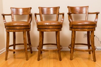 Guy Chaddock Leather Swivel Bar Stools With Nailhead Trim Detail- Set Of 3