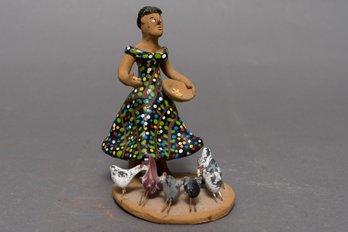 Vintage Brazilian Earthenware Woman Feeding Chickens Figurine Signed NEIDE
