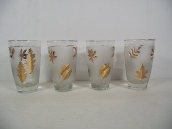 Lot Of Four (4) Vintage MCM Libbey Gold Leaf Frosted Drinking Glasses