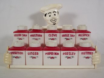 1950's Plastic Kitschy Chef Holding 10 Spice Containers