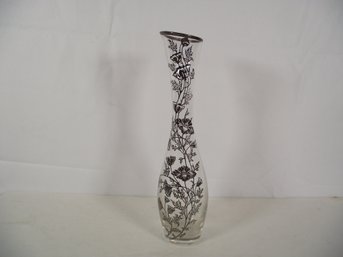 Vintage MCM Clear Glass Vase With Sterling Floral Overlay