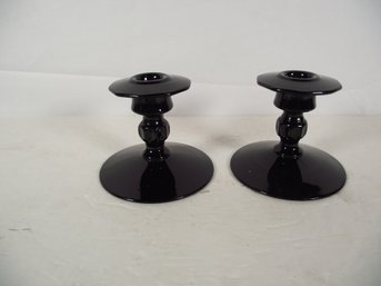 Vintage Cambridge Black Glass Candle Stick Holders - Ball Stem Pair