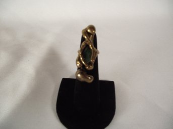 Brass And Green Stone Brutalist Ring Size 3