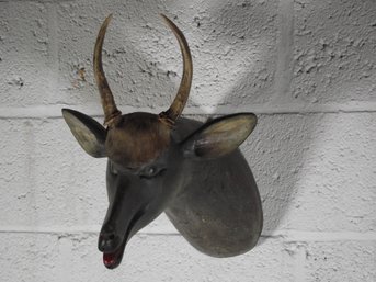 Folk Art Wooden Deer Head With Real Antlers