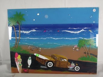 Reverse Painted Rat Rod Surfing Beach Scene