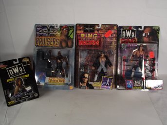 Lot Of Three (3) Vintage WCW Wrestling Figures On Cards And A Nitro Street Rod