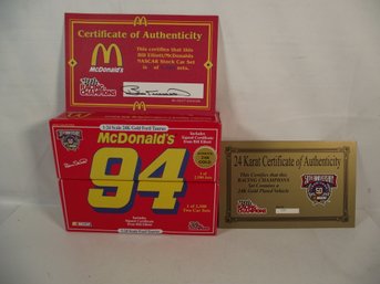 Bill Elliott McDonald's #94 Racing Champions 1:24 Scale Two Piece Set With Certs And AUTOGRAPHED