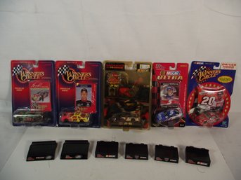 5 Vintage Miscellaneous 1:64 Scale Diecast Cars On Cards Plus Display Stands