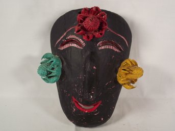 Vintage Carved Wooden Mask With Flowers