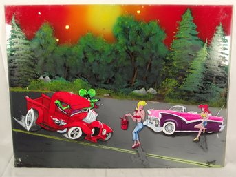 Vintage Rat Fink Style Painting On Lexan With Chicks And Hot Rods Signed