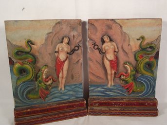 Carved Wooden Bookends Of Sea Monster And Maiden - Sicily 1944