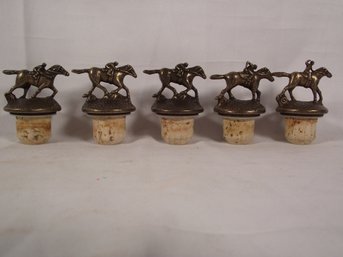 Lot Of Five (5) Metal (bronze?) Horse Racing Bottle Toppers