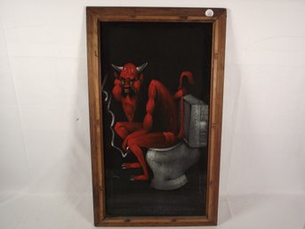 Vintage Black Velvet Devil Sitting On Toilet
