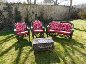 A 4 Piece Outdoor Wire Wicker Loveseat, 2 Chairs & Storage Coffee Table