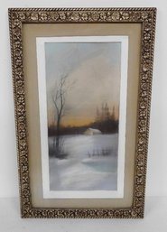 19th C. Framed Sandpaper Painting Of A Quiet Building In The Snow