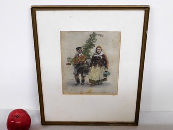 Prof. Paul Geissler (German, 1881-1965) Colored Etching Of An Older Couple Carrying Flowers Or Hops?