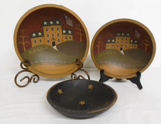 Group Of 3 Country Folk Art Painted Wooden Bowls