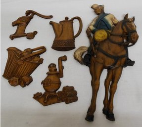 Five Piece Lot Of Sexton Mid-Century Cast Metal Wall Plaques - Soldier On Horse & More