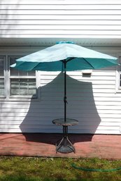 A Teal 6 Foot Patio Umbrella W/small Bistro Table And Weighted Umbrella Stand Base