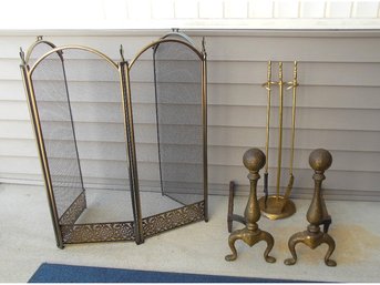 A Selection Of Fireplace Accessories - Folding Screen, Utensils Set And Ball & Claw Andirons