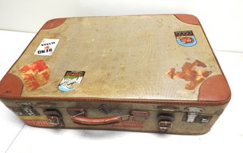 Vintage Vagabond Suitcase With Interesting Travel Labels