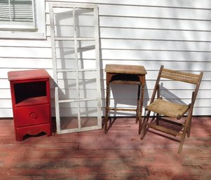 4 Country Pieces, Old 8 Panel Window, Red Painted Stand, Maple Telephone Table & Folding Macrame Weave Chair