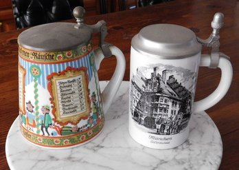 Two German Porcelain Lidded Beer Steins - One By Elisabeth Liegl