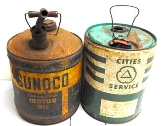 Vintage Lot Of 2 Metal 5 Gallon Sunoco & Cities Service Oil Cans