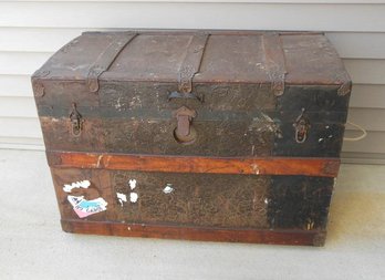 Clinton Wall Trunk, Clinton Mass 1890 Patent Travel Trunk Orig Tin & Oak Slatting Plus Victorian Lithograph