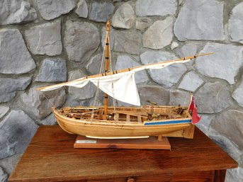 A Large Wooden Model Of An Early 19th C. English Single Mast Armed Launch W/Deck & Swivel Guns