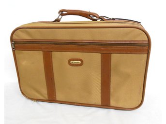 Vintage Samsonite Soft Side Canvas Suitcase In Leather & Tan Canvas - Retro Travel
