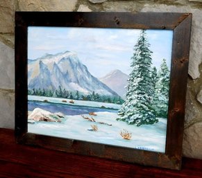 A Primitive Pinewood Framed Oil On Canvas Winter In The Mountains On The Stream