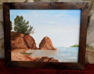 Primitive Pine Framed Coastal Oil On Canvas Signed L. Devereaux MCM