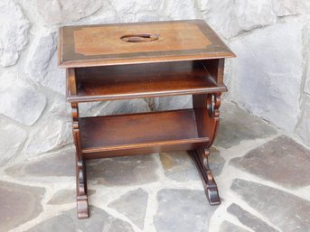 A Carved Victorian Sewing Or Book Stand With V Shelf Storage And Magazine Shelf