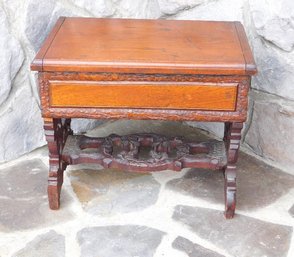 A Victorian Era Carved Liftop Stool / Music Box Or Sewing Stand