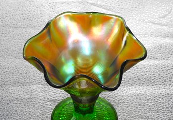 G138 Early Northwood Green Scalloped Carnival Glass Compote