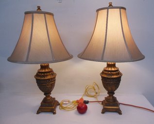 Matching Pair Of Bronzed Finish Urn Shaped Lamps W/cloth Shades And Dolphin Feet - Working
