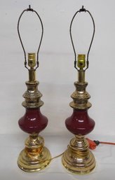 Mid-Century Styled Cinnabar Red And Brass Table Lamps