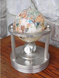 A Wonderful Tabletop Gemstone World Globe On Stainless Steel Frame W/clock, Barometer & Thermometer In Base