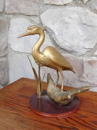 A Mid Century Brass Figural Heron In The Wetlands Figural Sculpture