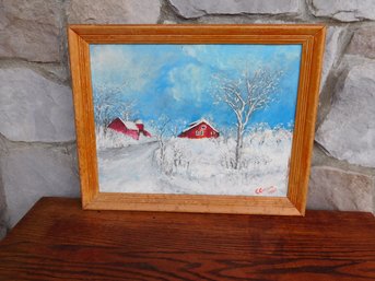 Oil On Board Of A Quiet Winter's Scene On The Farm, Barn & House In Distance Signed C. Carlson / 68