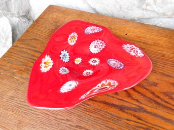 A Mid-Century Triangular Murano Cherry Red Zanfirico Footed Bowl Or Candy Dish Great Colors