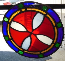 Circular 'propeller' Style Stained Glass Window In Primary Reds &  Blues 20' Diam