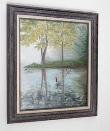 An Oil On Canvas Of Geese On The Water By Phyllis Chapman C.1984 Titled - Four Geese