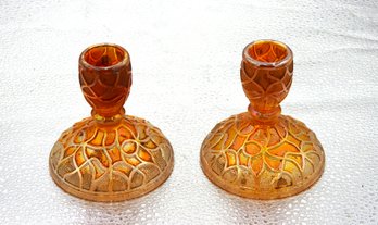 G150 Early Imperial Soda Gold Carnival Glass Candle Holders