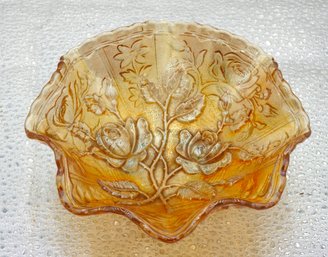 G158 Early Yellow Rose Pattern Carnival Glass Bowl